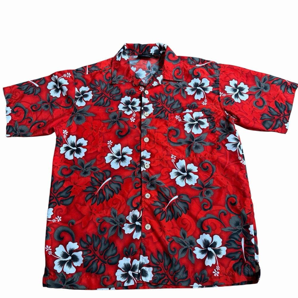 VTG Anchor Blue Hawaiin Shirt Mens Small Red Hibiscus Floral Short Sleeve Y2k